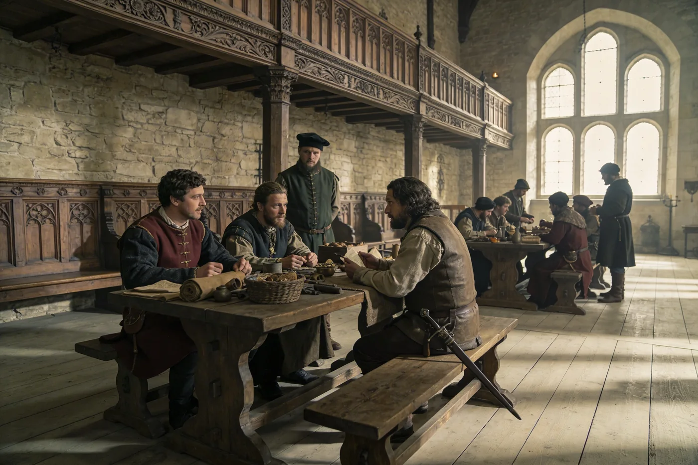 A guild-style hall with people gathered around tables