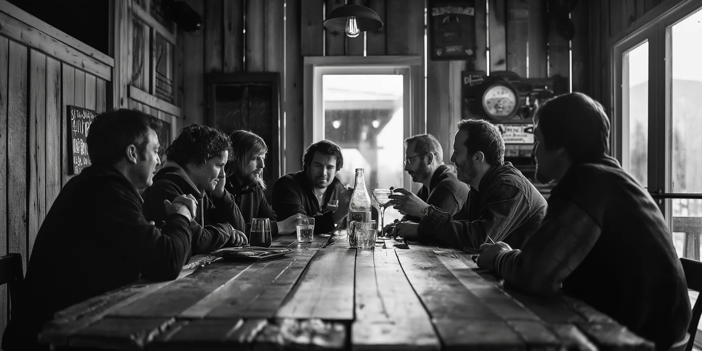 Members gathered around a long table in conversation